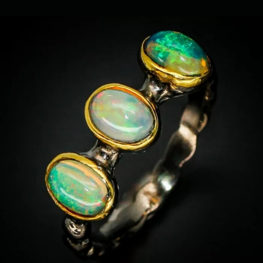 Natural Fire Opal 3 Stone Ring
